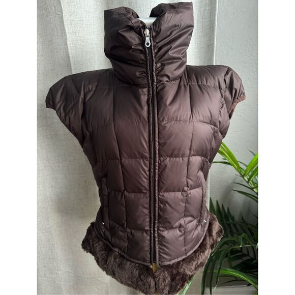 Vtg Womens‎ NILS Goose Down Ski Vest Brown Glam Fur Trim Warm Puffer Jacket Sz 8 - Picture 1 of 9